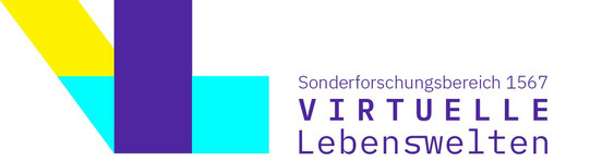 Logo des Sonderforschungsbereichs 1567 „Virtuelle Lebenswelten“. Links ist ein geometrisches Zeichen aus gelben, türkisen und violetten Flächen, rechts steht der Schriftzug „Sonderforschungsbereich 1567 – VIRTUELLE Lebenswelten“.