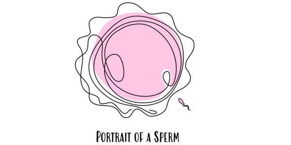 Große Eizelle neben klitzekleinem Spermium untertitelt mit "Portrait of a Sperm"