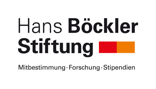 Logo der Hans-Böckler-Stiftung mit schwarzem Schriftzug „Hans Böckler Stiftung“ und zwei farbigen Rechtecken in Rot und Orange. Darunter steht der Claim „Mitbestimmung · Forschung · Stipendien“.